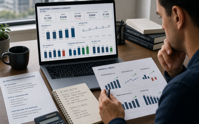 Analista revisando informes financieros trimestrales con gráficos de resultados, ingresos y flujo de caja en un portátil
